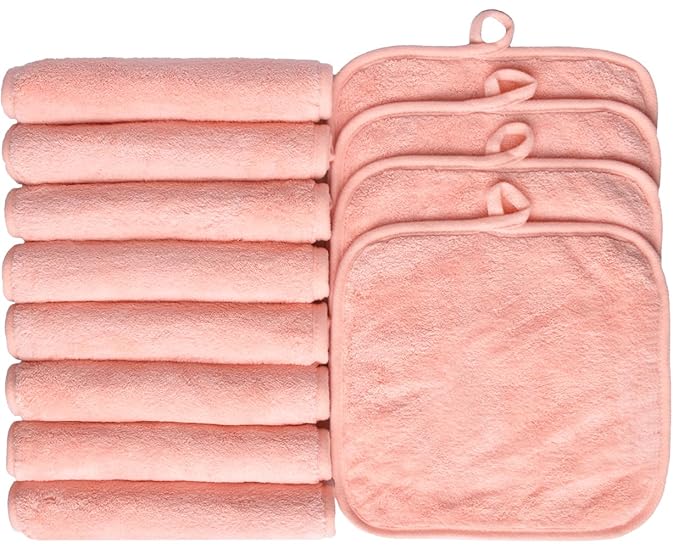 BloomSesame Makeup Remover Cloths for Face, Eye, Lips - Reusable Makeup Remover Pads Soft Microfiber Facial Cleansing Cloths 8 x 8 inch 12 Pack (Coral)