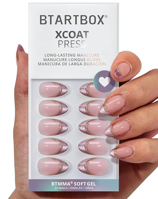BTArtbox French Tip Press On Nails - Pink Aurora, Lamp-Curable 3D Gold Line Short Almond Press On Nails with Glue and Adhesive Tabs for Women in 16 Sizes - 32 Soft Gel Glue On Nails Kit