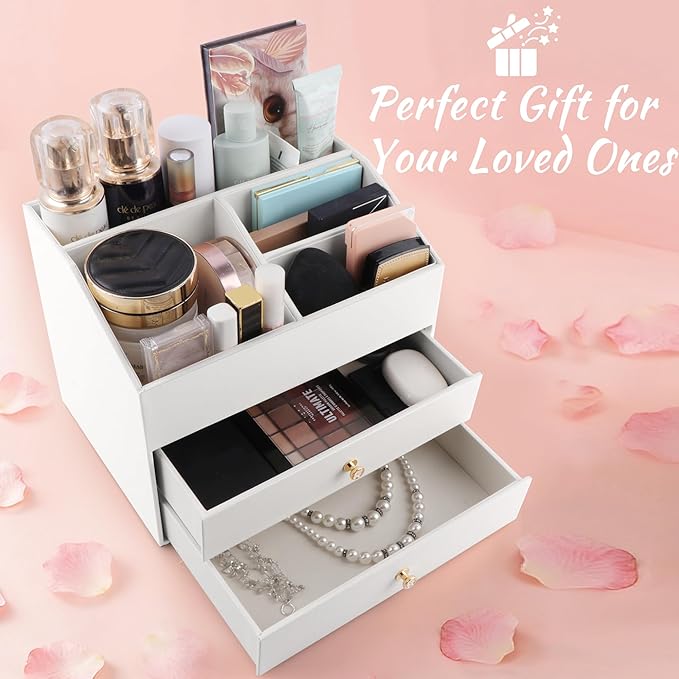 Homeanda Makeup Organizer with Drawers, PU Leather Cosmetic Storage Box Large Cosmetic Display Case for Skincare, Lipstick, Brushes, Bedroom Storage(White)