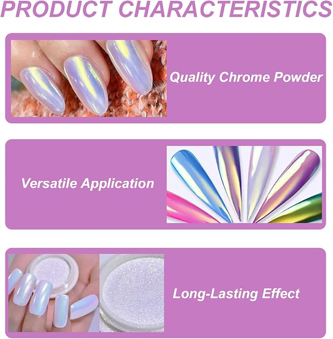 Mermaid Chrome Nail Powder, 2PCS 0.3g Nail Chrome Powder, Kit with Sponge Stick, DIY Pearl for Gel Polish Art Decoration