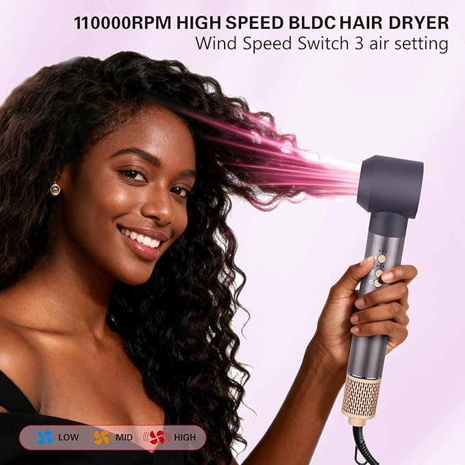 7 in 1 Hot Air Styler High Speed BLDC Motor 110000 RPM with Round Rrush Left/Right Auto Wrap Curler,Oval Brush,Straightening Brush Drying air Nozzle.1400W Hot Hair Brush with ALCI Safety Plug