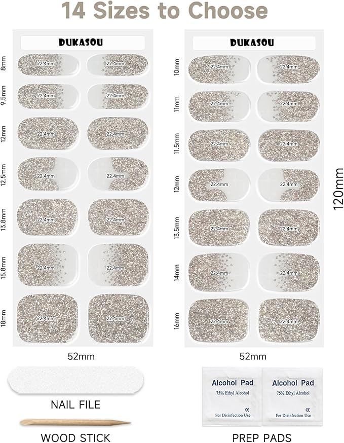 DUKASOU Semi Cured Gel Nail Strips, 56Pcs Nail Art Stickers/Wraps, Long Lasting UV Nail Polish Strips for Adults(Silver Rhinestones+French Tip Glitter)