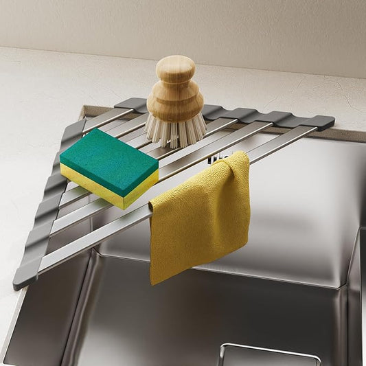 Triangular Dish Drying Rack, Sponge Holder for Kitchen Sink Multipurpose Over The Sink Aluminum Draining Rack Non-Slip, Easy to Clean and Space Saving, Triangular 16 x 9.5inch Matte Grey