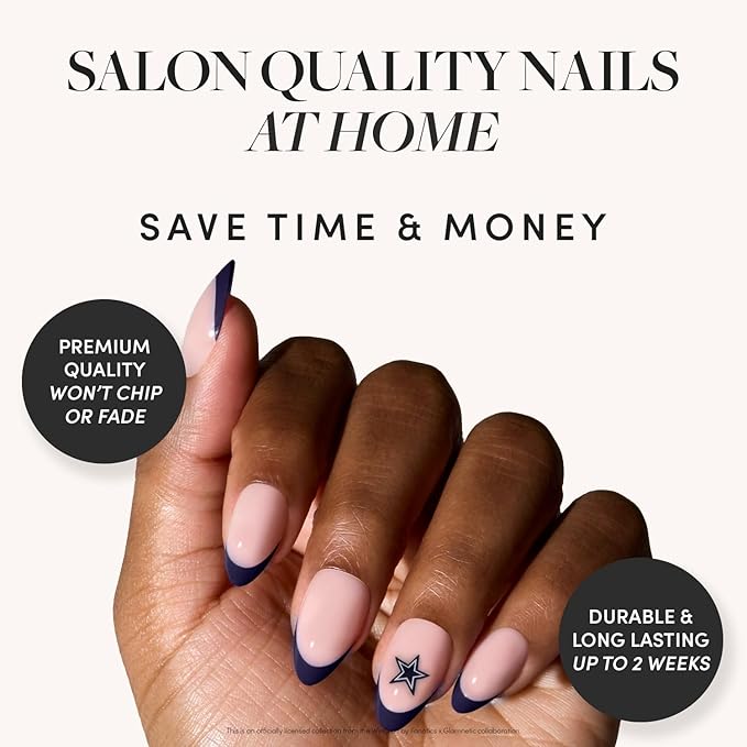 Glamnetic x Fanatics Press On Nails - Dallas Cowboys | Short Almond Fake Nails, NFL Cowboys Blue French Tips, Football Nails, Salon-Quality | 15 Sizes - 30 Nail Kit with Glue