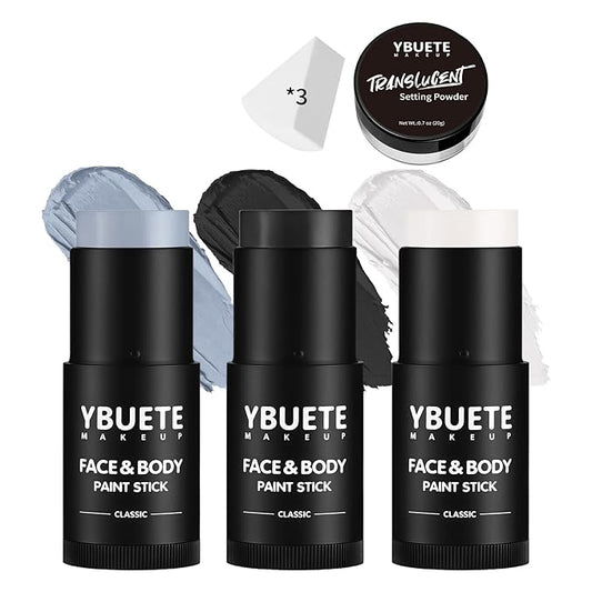 Black White Grey Face Body Paint Stick Set with Translucent Setting Powder and 3 Sponges, Professional Full Coverage Face Painting for Adults Halloween Cosplay SFX Skeleton Monster Makeup