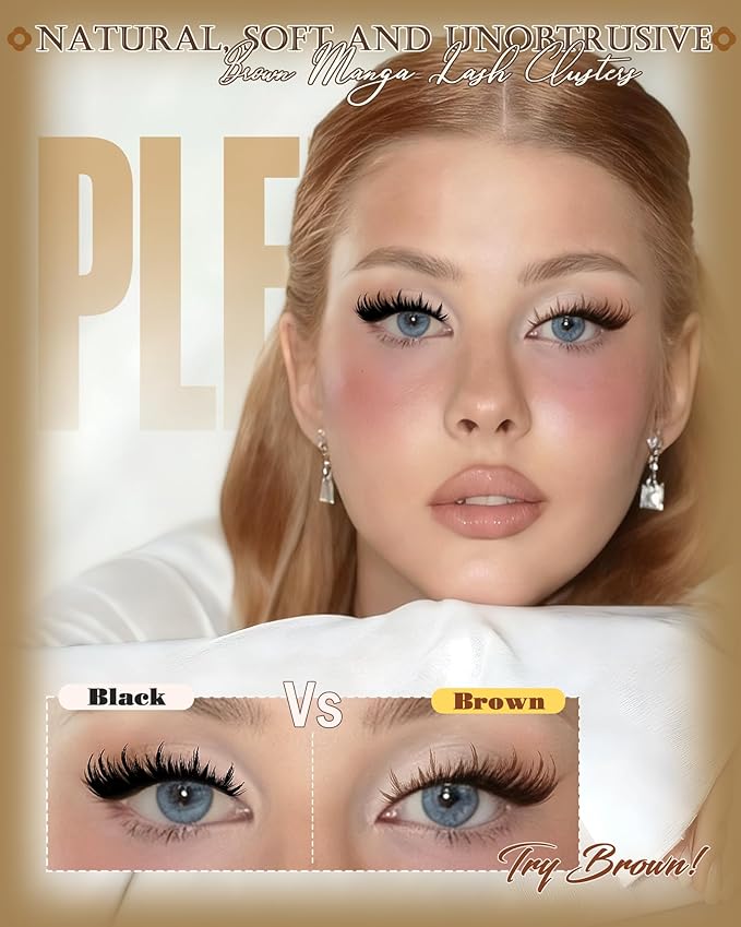 Pleell Brown Lash Clusters With Spikes Natural Manga Eyelash Clusters Wispy Fluttery Cluster Eyelashes Extensions Thin & Invisible Band Cluster Lashes D-Curly 12-18mm Individual Lashes