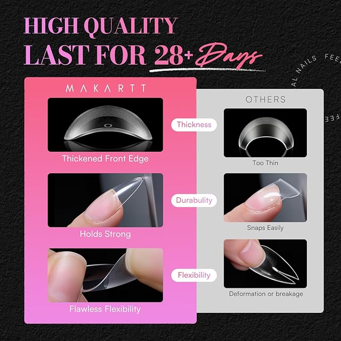 Makartt Long Stiletto Almond Nail Tips: Clear, 504 PCS, 15 Sizes, Half Matte, French Fake Nails Stiletto Shapes - Pre-Etched Full Cover Soft Acrylic Press On Nails Extension DIY Art Salon