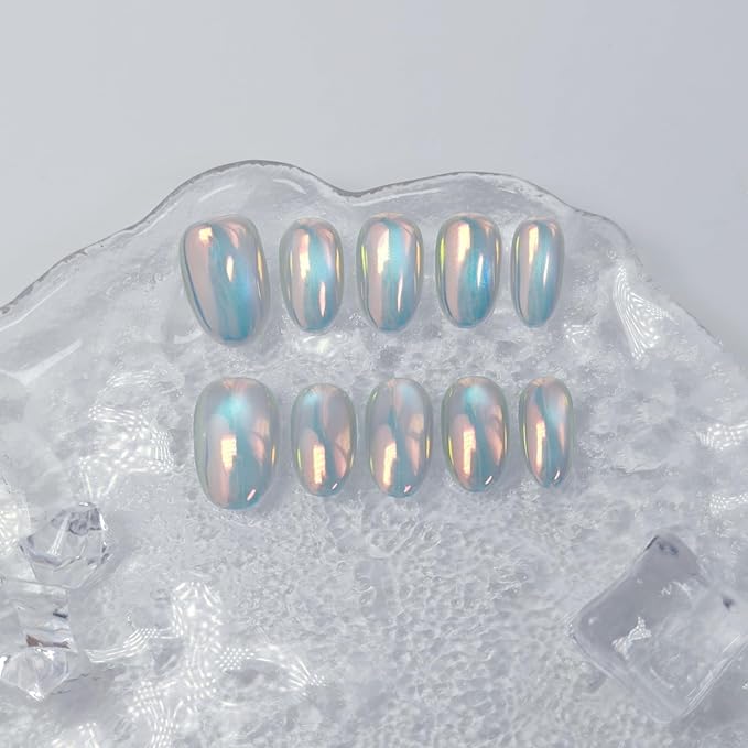 Cat Eye Press on Nails Handmade Short Oval/Square/Round False Nails with French Tip/Aurora/Magnetic Shimmer Designs (Aurora#Bubbles L)