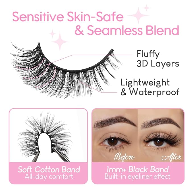 False Eyelashes 20 Pairs 10-18mm Long Lashes Wispy Lashes Faux Mink Lashes 3D Fluffy Cat Eye Lashes （style 20-060)