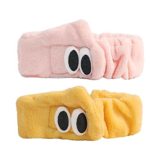PERFECTSIGHT 2 Pack Cute Animal Headbands for Makeup Wash Shower Adjustable Elastic Hair Band for Girls and Women (Yellow+Pink Eye)