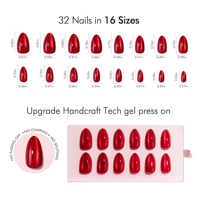 VSALON Press on Nails Short Almond - Red Cat Eye Chrome New Year Nails, Reusable Opaque Gel Fake Nails Kit with Glue & Cuticle Oil - 32 PCS Stick on Nails in 16 Sizes (Pulse red)