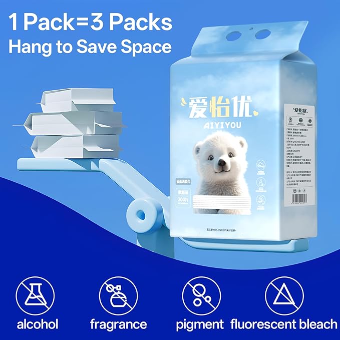 Hanging Disposable Face Towels 200 Count, Wall Mount for Easy Dispensing, Ultra Soft & Lint-Free 8x8 Inch Biodegradable Dry Wipes for Makeup Remover, Sensitive Skin & Daily Skincare