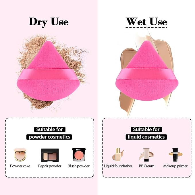 RAREIUS 8pcs Triangular Powder Puff Face Soft Velvet Makeup Puff for Loose Powder Body Powder Makeup Sponge for Contouring Wet Dry Foundation Blender Sponge Beauty Makeup Tool.(Rose Red)