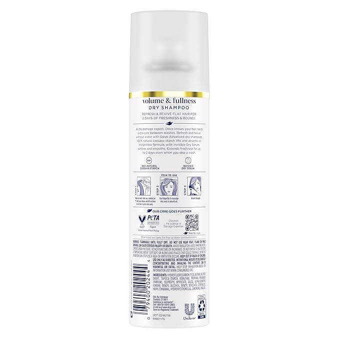 Dove Dry Shampoo Spray, Volume & Fullness, Absorbs Oil to Refresh Hair Without Washing, 5 oz (2-Pack)