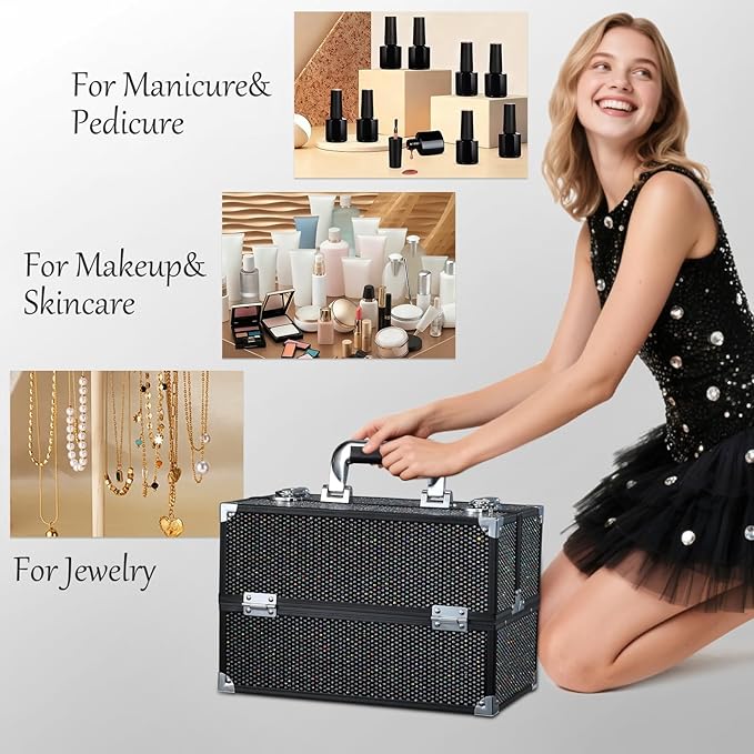 Joligrace Makeup Train Case Professional Cosmetic Organizer Aluminum Storage Box with 4 Adjustable Dividers Trays Lockable Portable with Shoulder Strap
