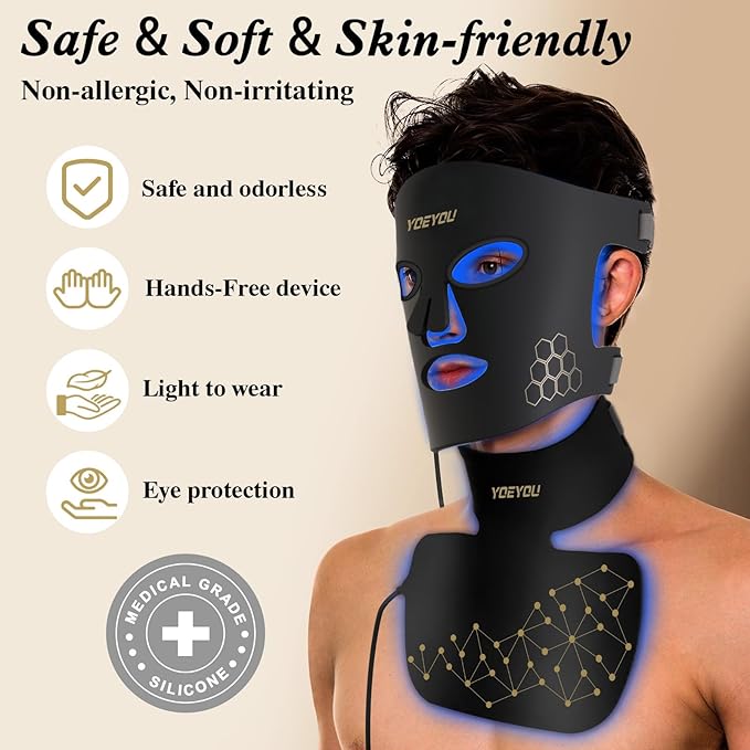 LED Face & Neck Beauty Mask, Red Light Therapy for Face & Neck, 4 Light Modes, Soft Silicone, 348 LEDs, Rechargeable Remote with Timer, Portable Cosmetic Skin Care Device for At-Home Glow