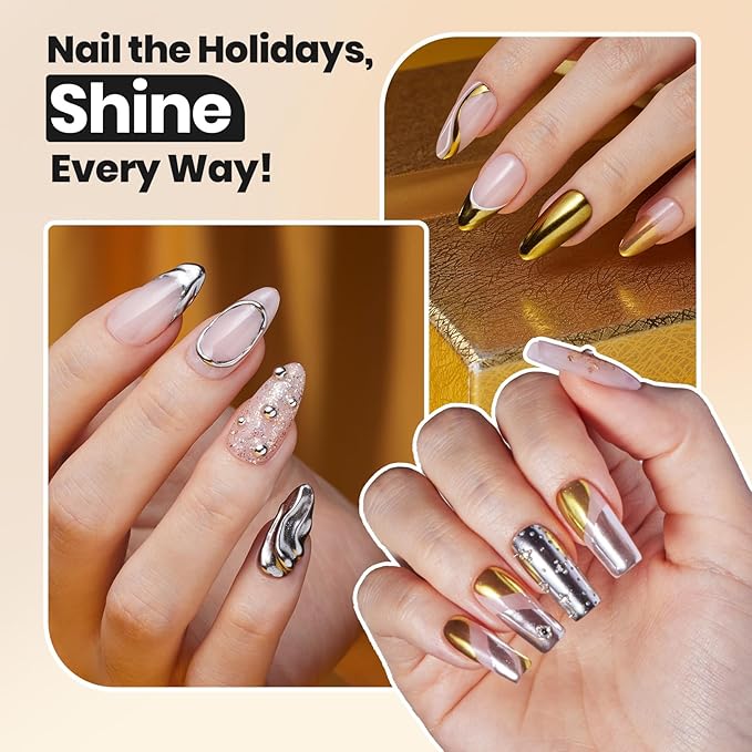 Beetles Chrome Nail Powder 2 Colors Mirror Effect Gold Silver Metallic Cromer Powder for Nail Solid Pigment Nails Art Decoration Glitter Manicure Design Gift for Women
