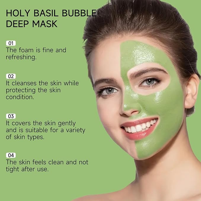 Holy Basil Bubble Deep Cleansing Mask - Purifying & Pore Minimizing Facial Cleaning with Charcoal & Green Tea, Oxygenating Foam for Acne-Prone, Cruelty-Free & Vegan Formula (90g / 3.17 oz) (1 PACK)