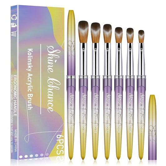 Shine Chance 6Pcs Kolinsky Acrylic Nail Brushes Set, Oval Crimped, Yellow