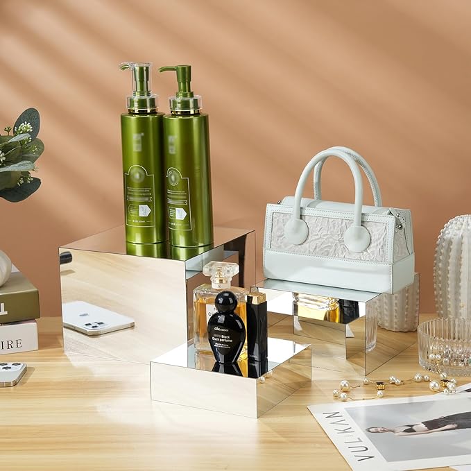 Display Riser Stands, 6pcs Silver Mirror Riser Stand, Acrylic Square Display Boxes, Tiered Food Display Buffet Riser, Purse Stand, Retail Product Showcase for Perfume Collection Jewelry Dessert Party