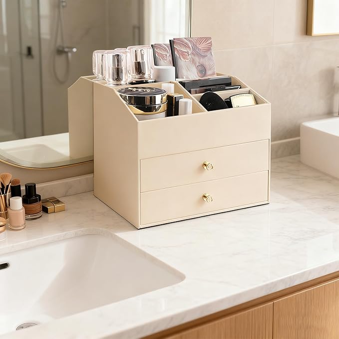 Homeanda Makeup Organizer with Drawers, PU Leather Cosmetic Storage Box Large Cosmetic Display Case for Skincare, Lipstick, Brushes, Bedroom Storage(Beige)