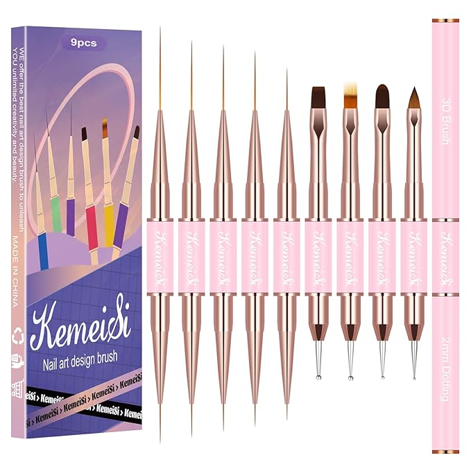 KEMEISI Nail Art Brush Set, 9PCS Double-Ended Acrylic Liner Brush Dotting Pen for Gel Polish, Nail Design Tools for Professional Manicure DIY Home Salon