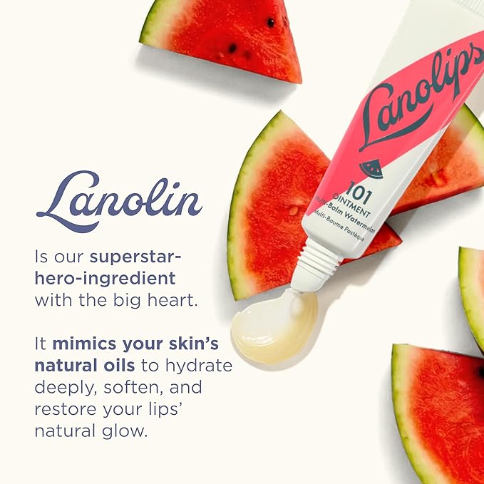 Lanolips 101 Ointment - Lanolin Lip Balm for Smooth, Hydrated & Healthy Lips - Multipurpose Lip Ointment with Lanolin Oil for Dry Lips, Cuticles & More - Watermelon (0.52 oz)