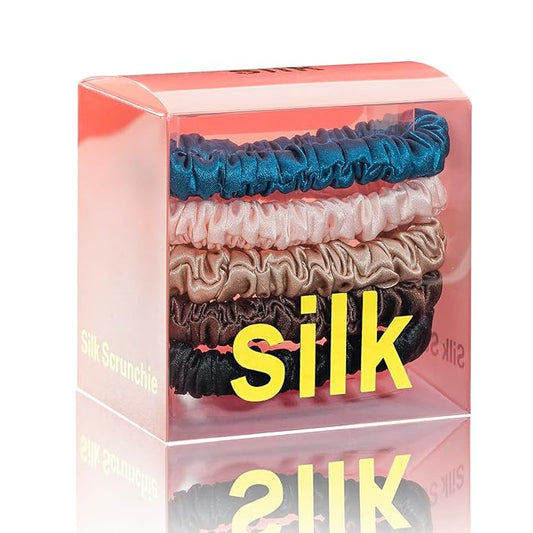 Silmer Silk Scrunchies Hair Tie 22 Momme 100% Mulberry 5 Pack(Peacock blue,Pink,Apricot, Dark coffee, Black)