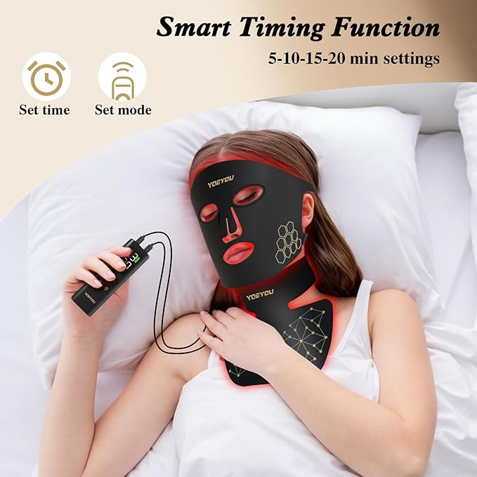 LED Face & Neck Beauty Mask, Red Light Therapy for Face & Neck, 4 Light Modes, Soft Silicone, 348 LEDs, Rechargeable Remote with Timer, Portable Cosmetic Skin Care Device for At-Home Glow