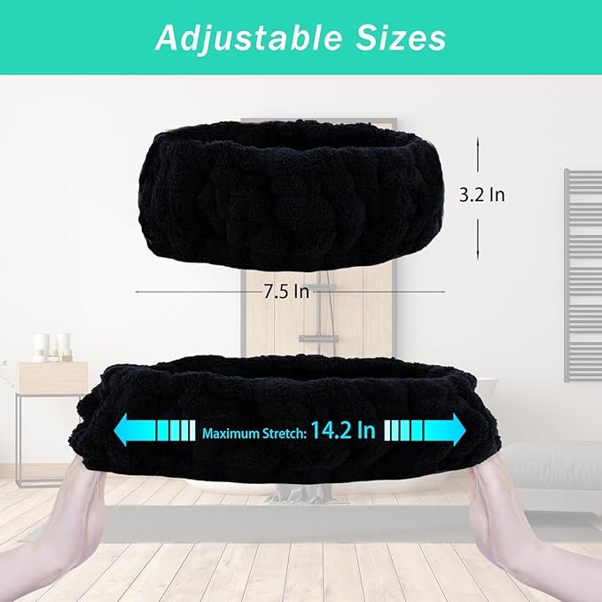 Pejnl Microfiber Spa Headband 3-Pack, Soft Terry Cloth Headband for Washing Face, Facial Mask, Makeup, Shower, Yoga, Gift for Women and Teens (Black x3)