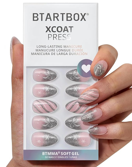 BTArtbox French Tip Press On Nails - Sparkle Bow, Lamp-Curable Short Almond Press On Nails with Glue and Adhesive Tabs for Women in 16 Sizes - 32 Soft Gel Glue On Nails Kit