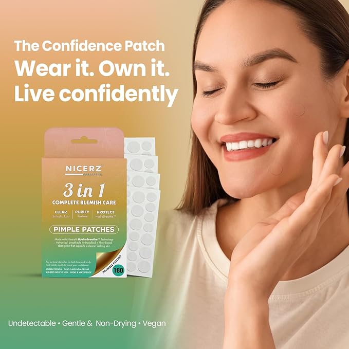 Nicerz® Pimple Patches – 3-in-1 Complete Blemish Care | HydroBreathe™ Breathable Hydrocolloid with Salicylic Acid & Tea Tree | Gentle, Sweat & Waterproof Acne Patch for Face & Body – 180 Count