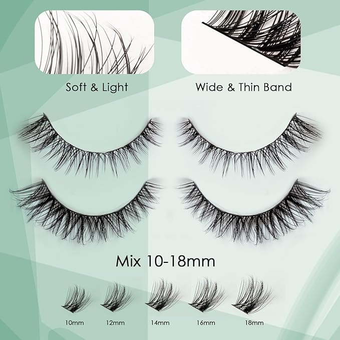 Lash Clusters Kit 168pcs Eyelash Clusters 10-18mm Cluster Eyelash Extensions Natural Eyelashes Wide Band Cluster Lashes Soft False Eyelashes Lash Extension Kit with Bond and Seal and Remover-M37+M38