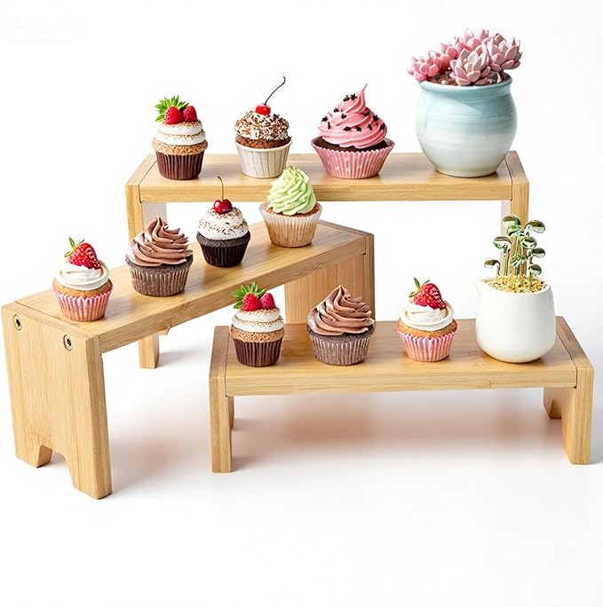 3 Tier Bamboo Display Stand Risers, Independent Shelf with 3 Heights, Natural Bamboo Organizer Stand for Cupcake, Perfume, Cologne, Figurine, Spice, Cosmetic, Tiered Riser Rack for Table Display, Kitchen, Retail, Home Decor