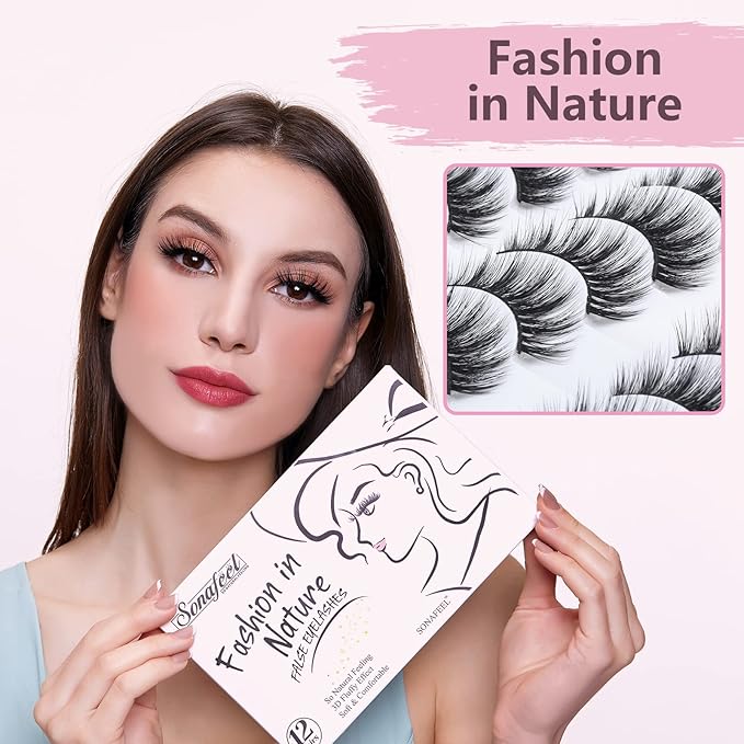 SONAFEEL Super Soft 6d Mink Lashes Natural Look 15mm 12Pairs Volume Lashes Pack Handmade Reusable Strip Lashes Bulk False Eyelashes