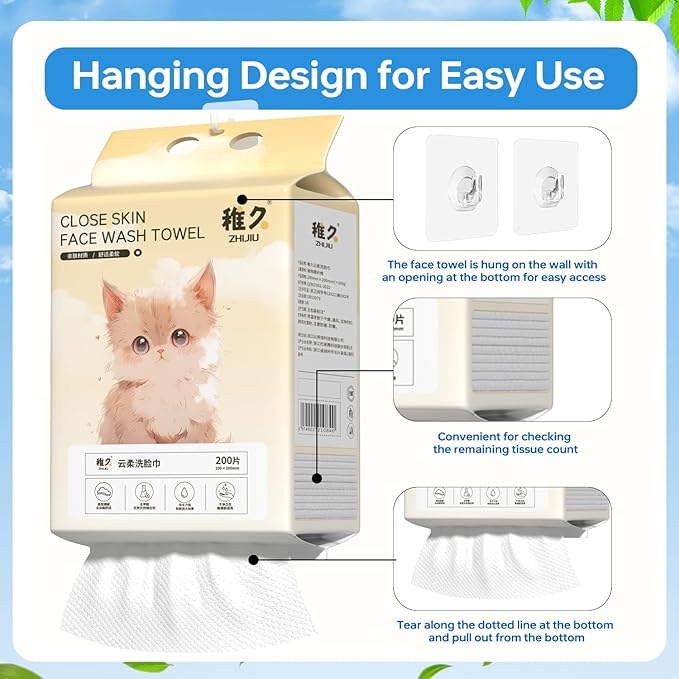 Hanging Disposable Face Towels 2-Pack (400 Count), Wall Mount for Easy Dispensing, Ultra Soft & Lint-Free 8x8 Inch Dry Wipes for Makeup Removal, Sensitive Skin & Daily Skincare