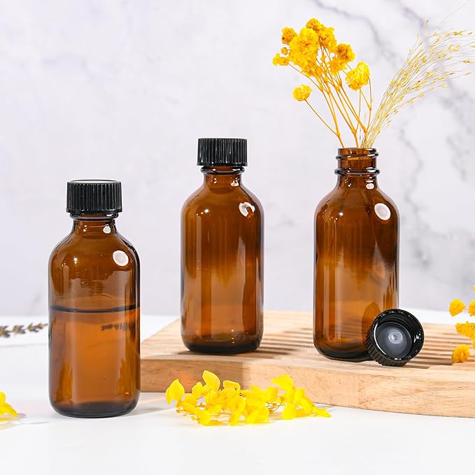 Exlvanto Small Glass Bottles with Lids Boston Round Shot Bottles for Health, Immunity, Ginger Juice, Essential Oils, Potion - Leak Proof Mini Travel Containers (Amber UV, 2oz-24Pack)
