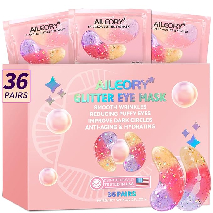 AILEORY Under Eye Patches (36 Pairs) - New Tri-color Glitter Eye Gel Pads for Dark Circles Puffy Eyes,Under eye Bags,Wrinkles|Natural Collagen Under Eye Mask Patches, Gel Under Eye Patches