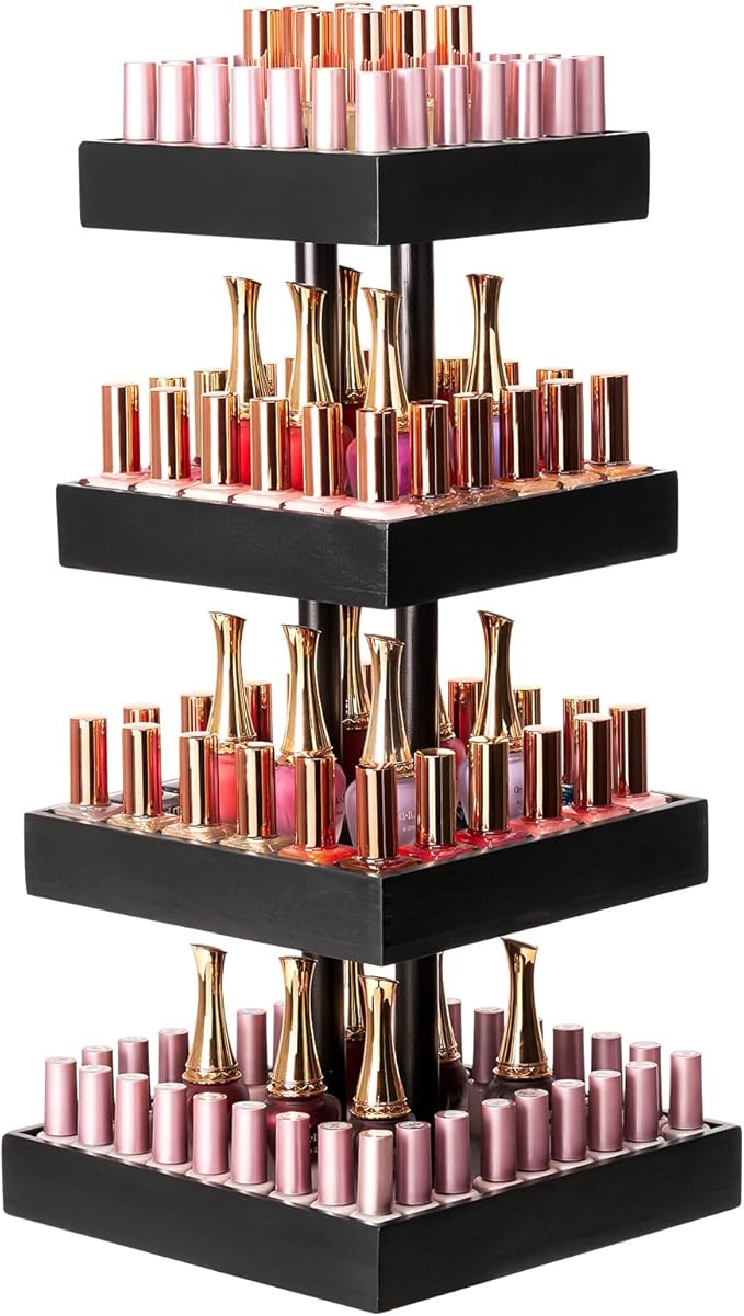 Homde Nail Polish Display Stand and Storage: 360 Degree Rotating Bamboo Rack Organizer, 4 Tier Makeup Holder for Fast Access on Countertop or Vanity for Girls & Women,Black