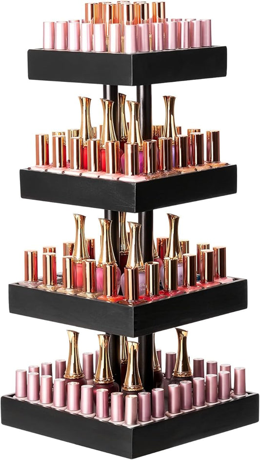 Homde Nail Polish Display Stand and Storage: 360 Degree Rotating Bamboo Rack Organizer, 4 Tier Makeup Holder for Fast Access on Countertop or Vanity for Girls & Women,Black