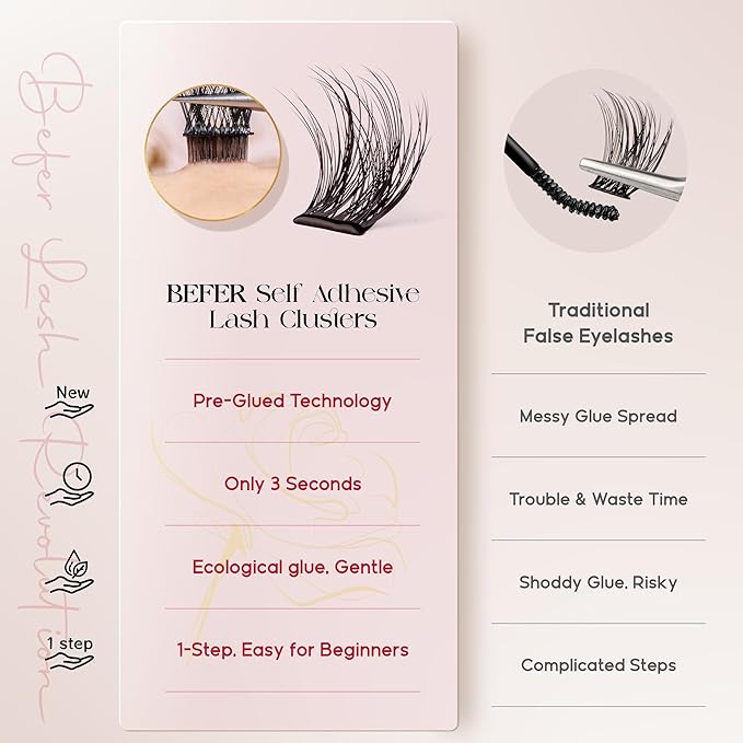 BEFER Self Adhesive Eyelashes Clusters, D Curl 10-16MM Pre Glued Lash Natural Look No Glue No Remover Needed Reusable Lashes Press on Eyelash Clusters Easy for Use DIY at Home(ZE02,Vigor)