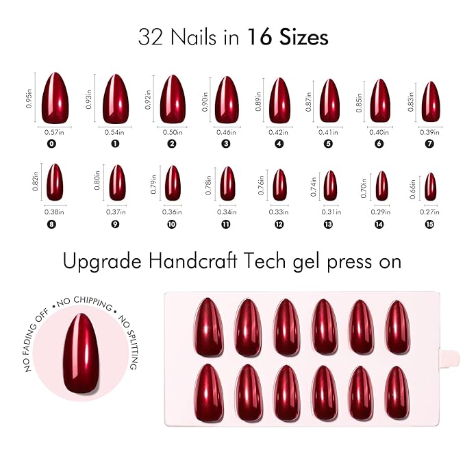 VSALON Press On Nails Almond, 32 Pcs 16 Sizes Red Press On Burgundy Chrome Metallic Medium Fake Nails With Glue & Cuticle Oil, Reusable Stick On Nails False Nails Kit Valentines Gift For Women