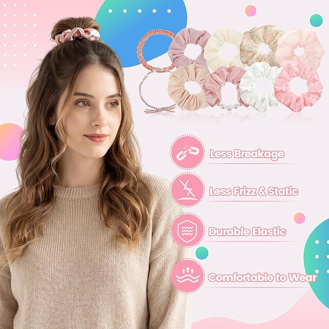 Canlierr 10 Pcs Pink Hair Scrunchies for Women Pink Silk Hairs Ties Bulk Big Satin Scrunchies Flower Hairs Ties Bulk White Cotton Elastic Hair Accessories Valentines Gifts for Women