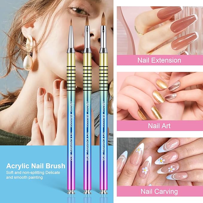 Shine Chance 3Pcs Acrylic Nail Brushes Set Size 2 4 5, Kolinsky Hair Acrylic Nail Art Brush, Art Design & Polish Mistake Cleaning Manicure Tools for Women Acrylics Application, Gradient