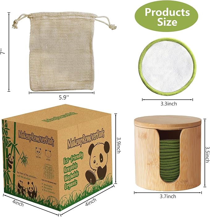 Sopurrrdy Reusable Cotton Rounds, 100% Natural Bamboo Cotton Pads for Face|Reusable Makeup Remover Pads with Laundry Bag,Headband and Cotton Round Holder (White and Green)