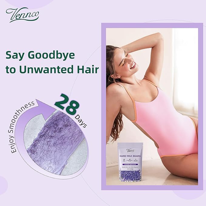 VENNCO Hard Wax Beads, 1lb Wax Beans with Lavender Essence, Gentle on All Skin Types, Suitable for Legs, Back, Chest, and Bikini, Waxing Beads Refill for Easy Hair Removal at Home