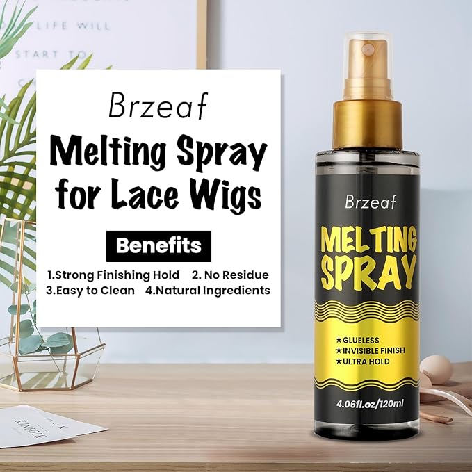 Brzeaf Lace Melting Spray and Holding Spray(120ml), Extreme Hold & Glueless, Melting Spray for Lace Wigs, Strong Natural Finishing Hold, Dries Quickly, Wig Melting Spray & Hair Adhesive for Wigs