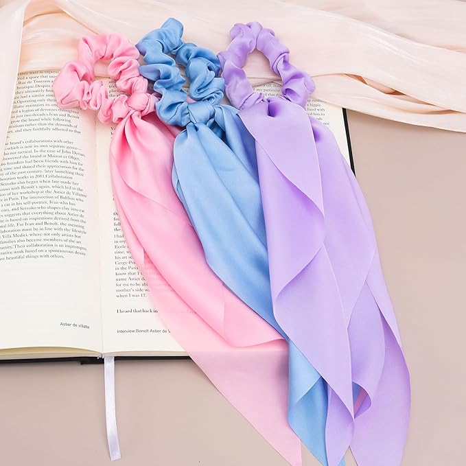 YALOJE 3PCS Scarf Scrunchies with Long Tails, Elastic Silky Satin Bow Hair Ties for Women, Ribbon Hair Scarf Scrunchy, Ponytail Holders Hair Decoration for Women -Pink, Blue, Purple