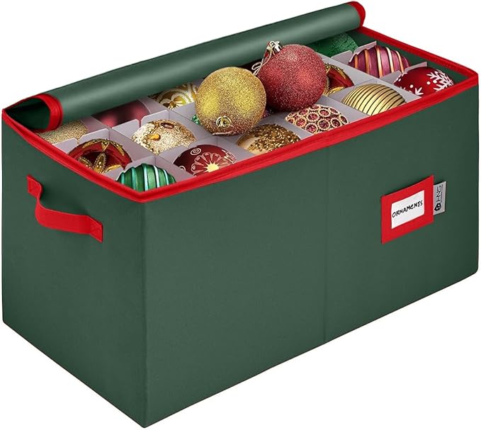 Christmas Ornament Storage Container with Dividers - Box Stores Up to 54 Ornaments, Zippered, Convenient, Adjustable, Large Organizer Bin to Protect Holiday Décor, Fits Most Standard Size, Green