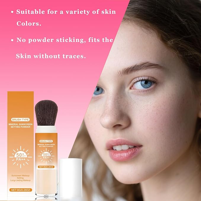 Mineral Sunscreen Setting Powder, SPF 50 Transparent Brush Powder, Long-Lasting,Lightweight Breathable, Oil Control Natural Matte, Suitable for Face, Scalp & Hair